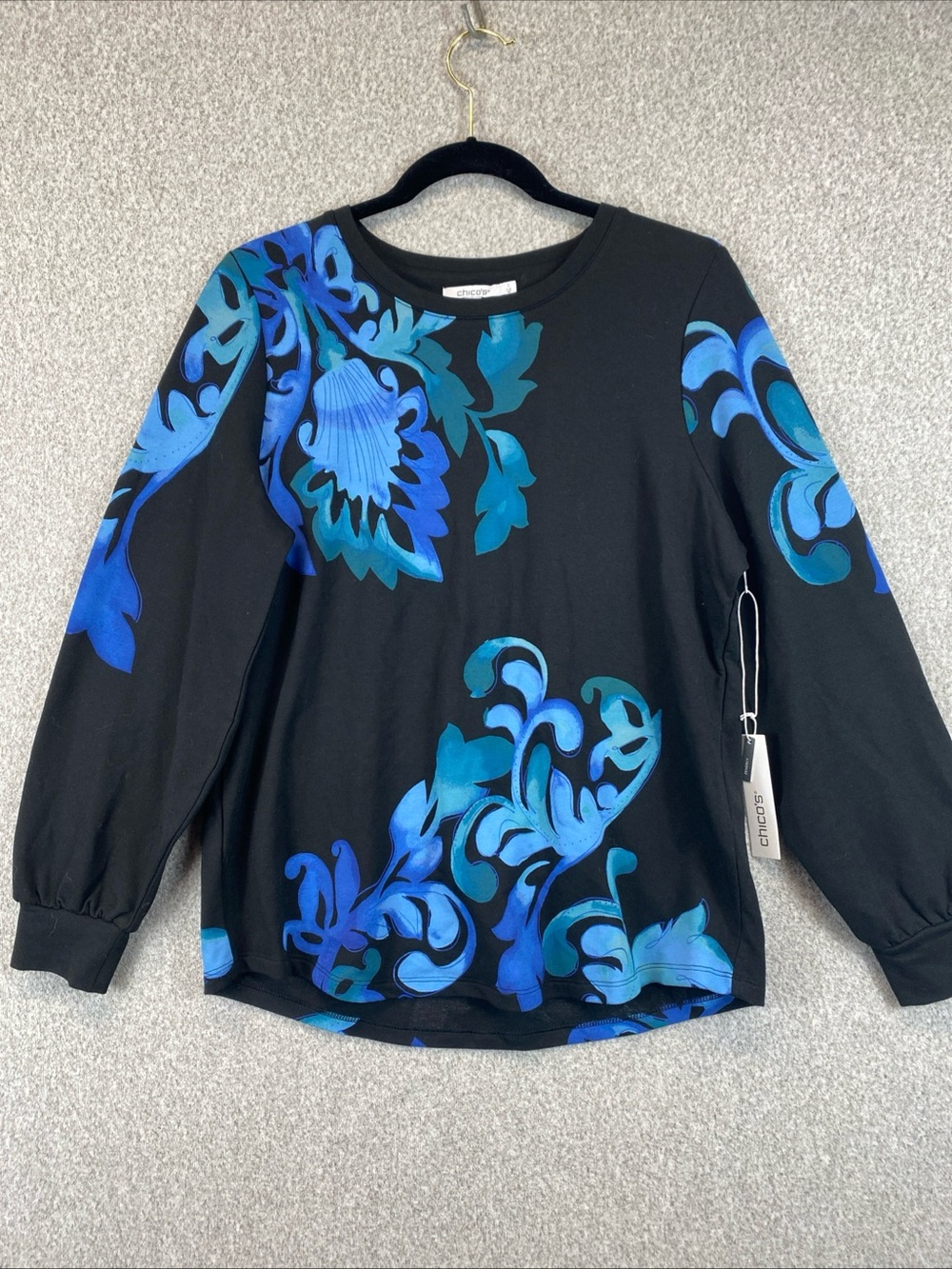 Chicos Zenergy Floral Knit Blouse Top Size 1 (M) Stretchy Puffy Sleeves Colorful